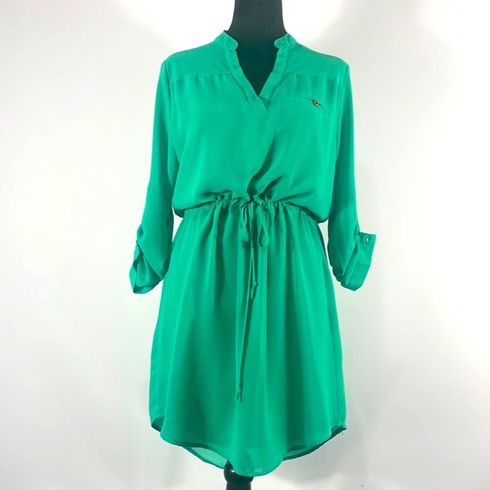 Francesca’s Green topaz, Medium Shirt Dress Mini, w drawstring adjustable belt